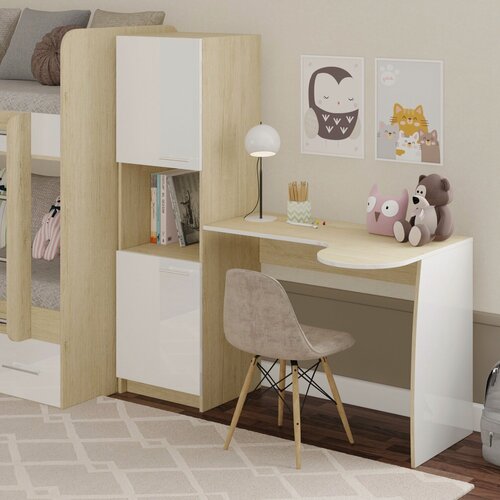 Изображение товара Письменный стол со стеллажом, с пеналом, Есэндвич Лаворо, 145x67,5х150 см, левый (Пикард/Белый глянец)