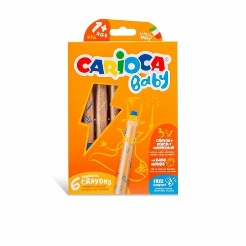 CARIOCA Мелки восковые 6 цветов Carioca Baby 3 в 1 утолщенные корпус грифель 10 мм удобные для захвата яркие цвета точилка в подарок для малышей 2193₽