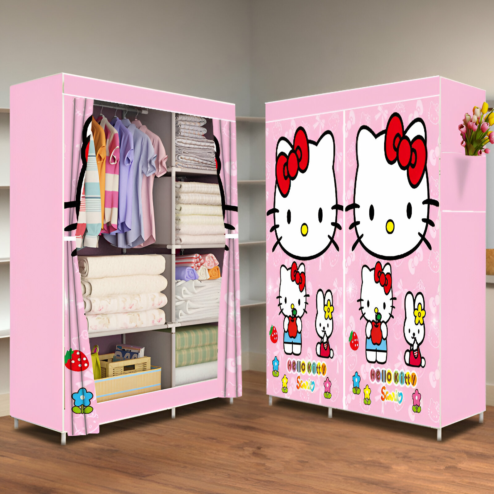Шкаф тканевый детский для хранения вещей и игрушек Hello Kitty 105х45х165см