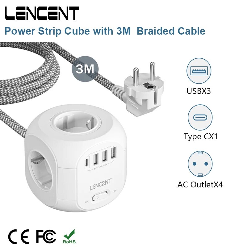 Линцен SL-805E сетевой куб с розетками, 3USB 1 Type C 3M, Вилка европейского стандарта — фото 1