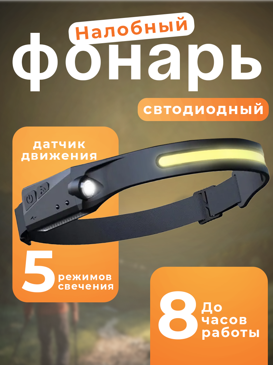 Налобный фонарь влагостойкий с регулировкой угла свечения, 4 режима, cо встроенным аккумулятором, датчиком света и зарядом от USB, кабель USB и АКБ в комплекте
