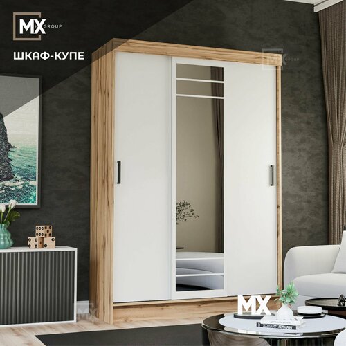 Шкаф-Купе Тайм-3/Тео Дуб Вотан/Белый ЛДСП, с зеркалом, полками, штангами 1310х2000х500 мебельный РАЙ