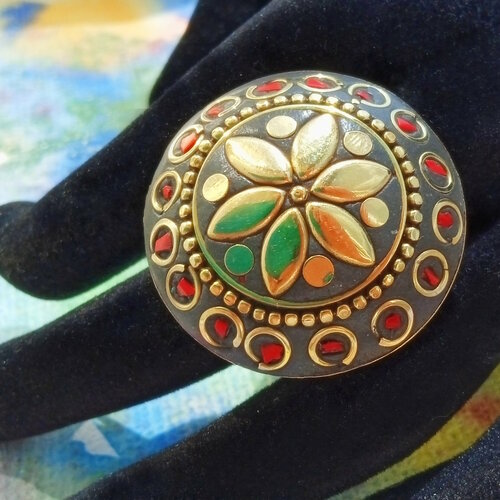 Кольцо Тибет, бирюза, малахит, лазурит, коралл, безразмерное, золотистый