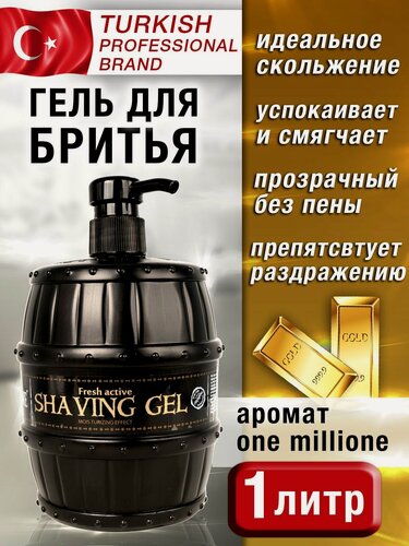 Изображение товара Гель для бритья мужской профессиональный аромат One Million, не пенится, не пенящийся, прозрачный на коже, уход за бородой, освежает, 1 литр, 1000 мл.