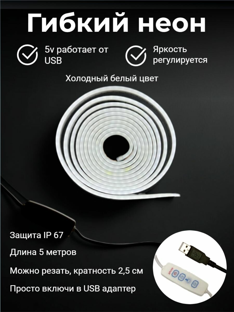 Гибкий неон c USB, 5 метров, 5V DC, цвет холодный белый, неоновая светодиодная лента 5х12мм, 120 LED/m, IP 67