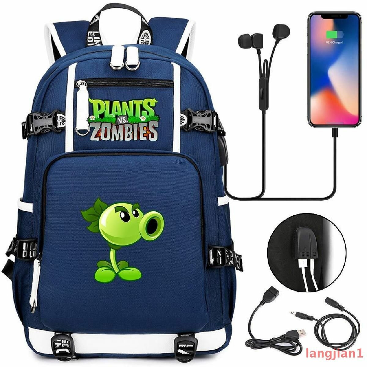 Рюкзак школьный Plants vs. Zombies USB с зарядкой для ноутбука и путешествий