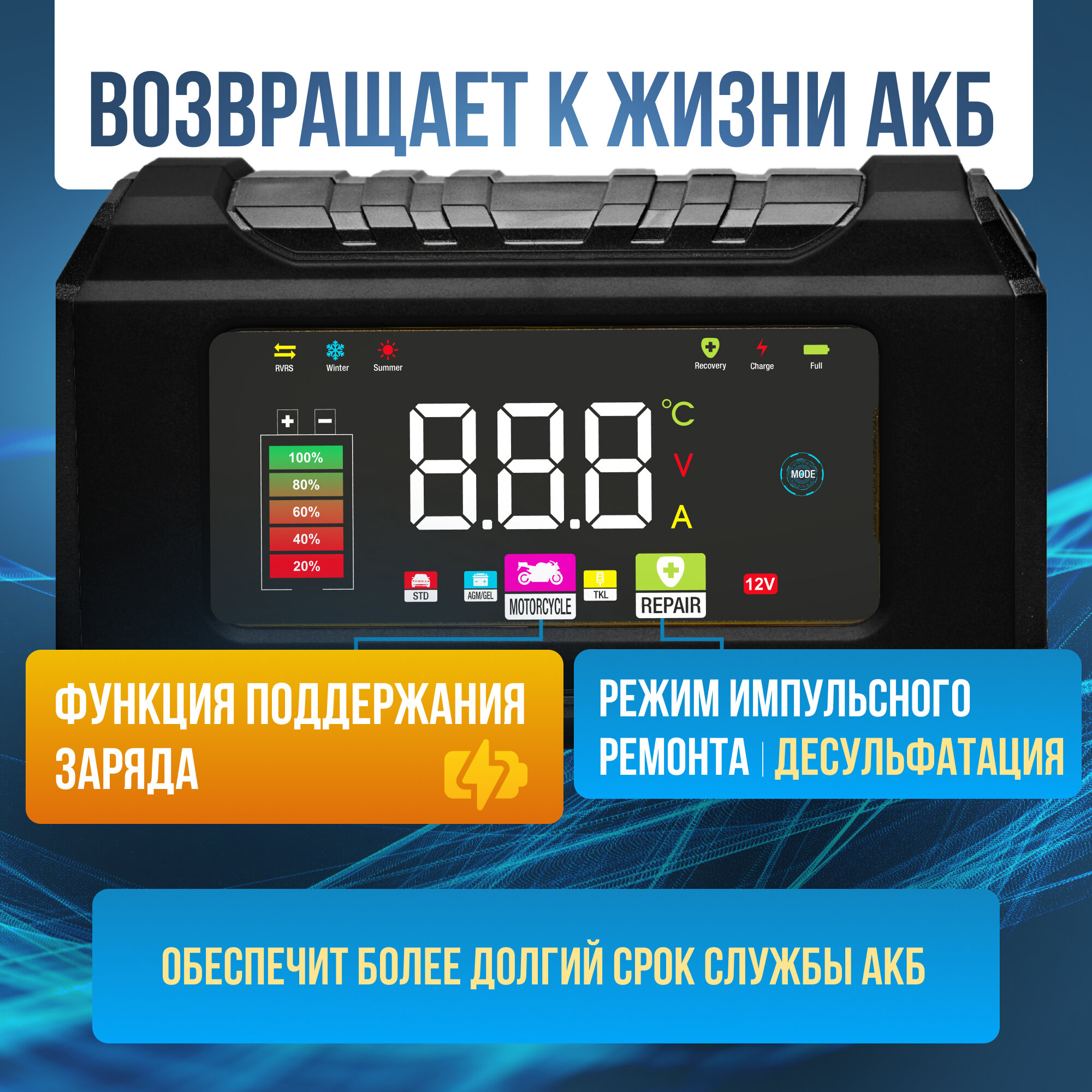 Зарядное устройство для аккумуляторов автомобиля и мотоцикла, 12V — фото 1