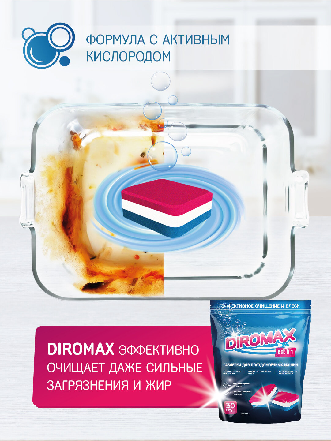 Таблетки для посудомоечной машины DIROMAX "Все в 1", 30 штук, растворимая оболочка, средство для пмм — фото 1