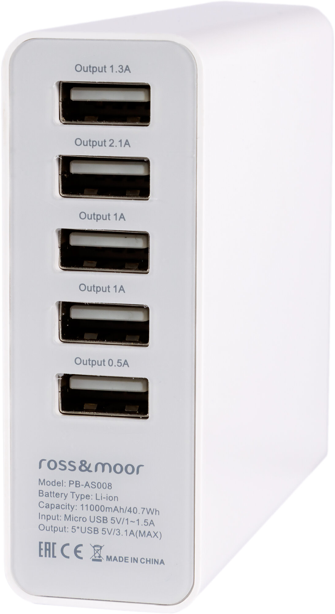 Универсальный внешний аккумулятор Ross&Moor PB-AS008 11000 мАч белый Пять USB выходов 5В на 2.1А/1.3A/1А/1А/0,5А 40,7Wh