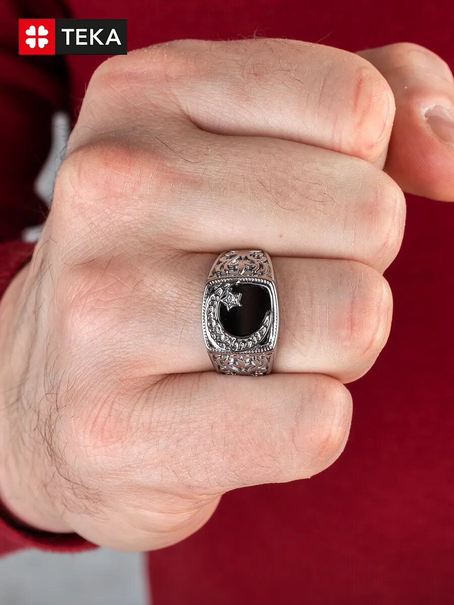 Печатка TEKA, эмаль, фианит, размер 18, серебряный, черный — фото 1