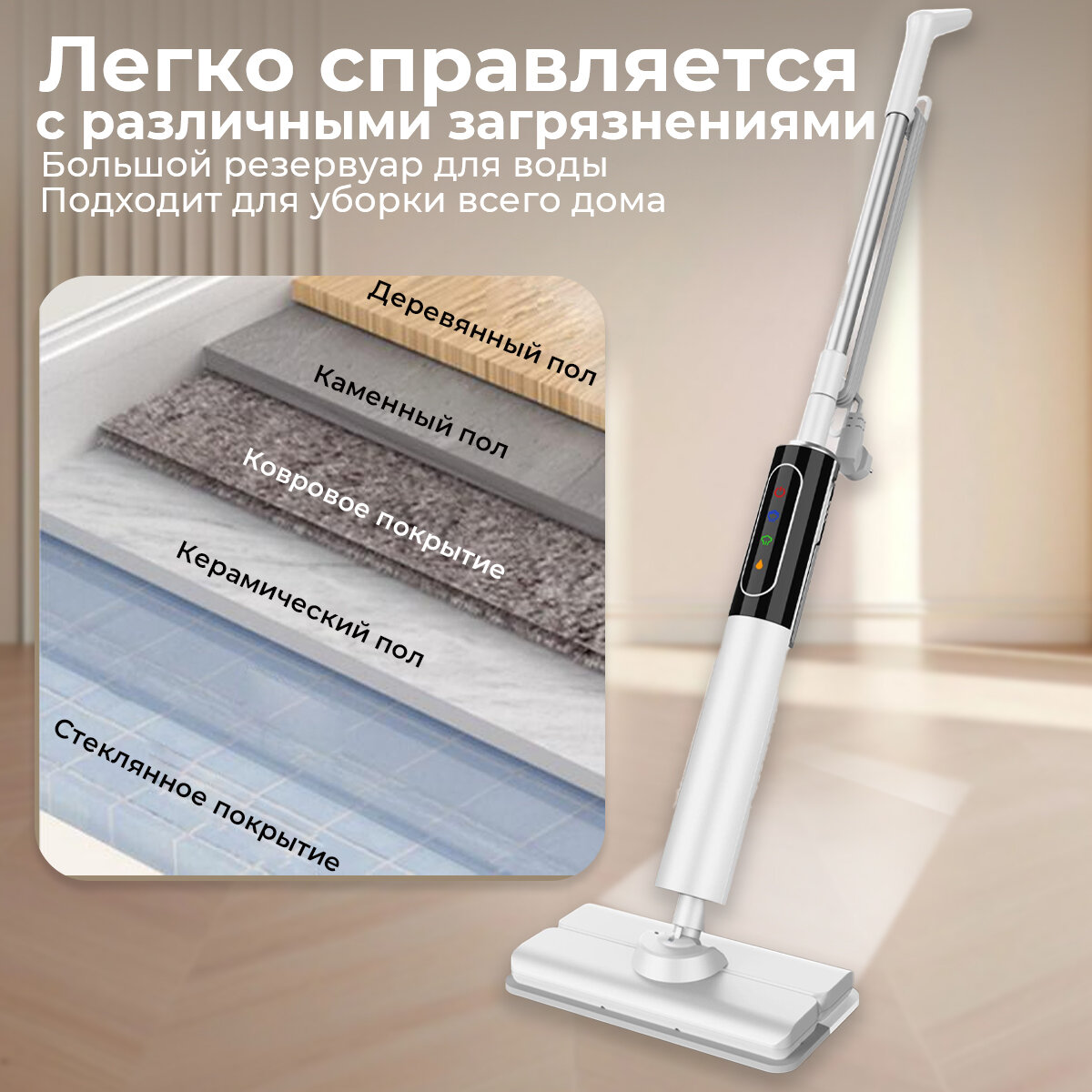 Паровая швабра KaringBee HD-TB506 с насадкой для ковров для мытья полов; Пароочиститель для уборки дома, 1200 Вт, 350 мл — фото 1