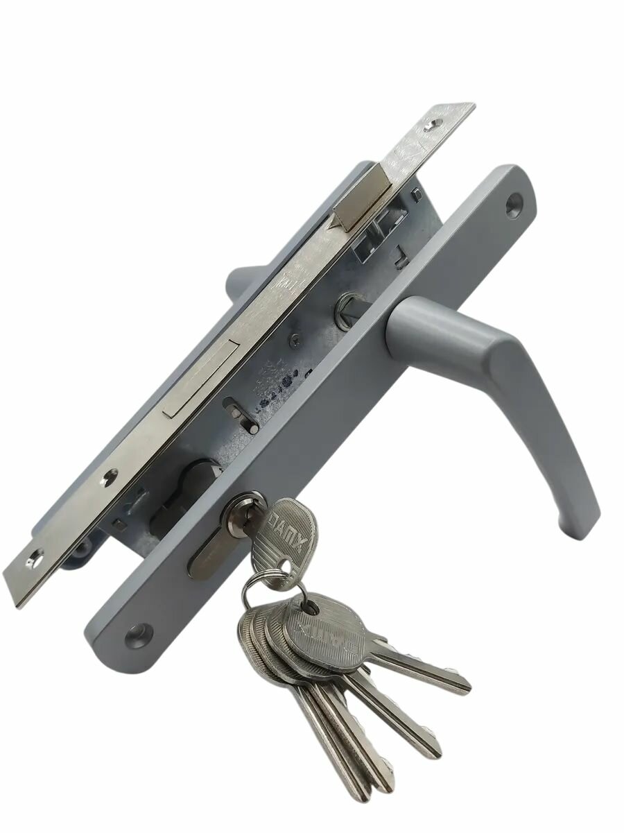 Замок узкопрофильный с ручками и цилиндром 20 мм для Калиток дверей ПВХ Серый