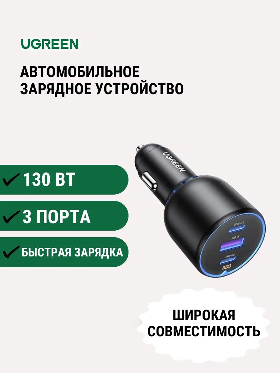 UGREEN 130W - мощное автомобильное зарядное устройство с поддержкой быстрой зарядки PD и QC, CD-293-90413