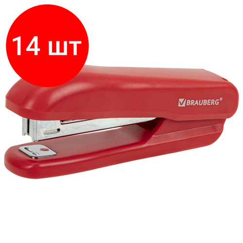 Комплект 14 шт, Степлер №10 BRAUBERG SX-19, до 12 листов, с антистеплером, красный, 228589