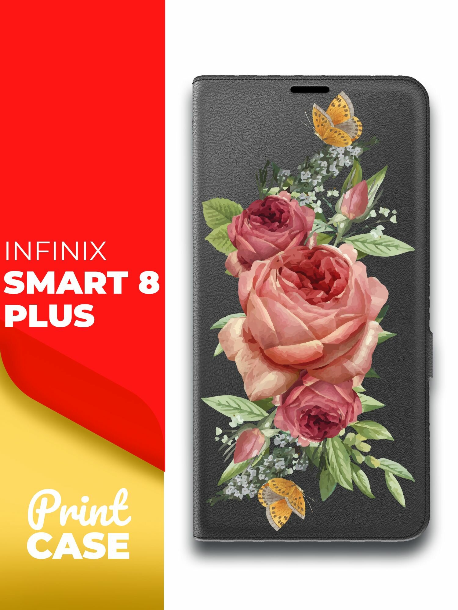 Чехол на Infinix Smart 8 Plus (Инфиникс Смарт 8+) черный книжка эко-кожа подставка отделение для карт и магнитами Book case Miuko (принт) Розовые Розы