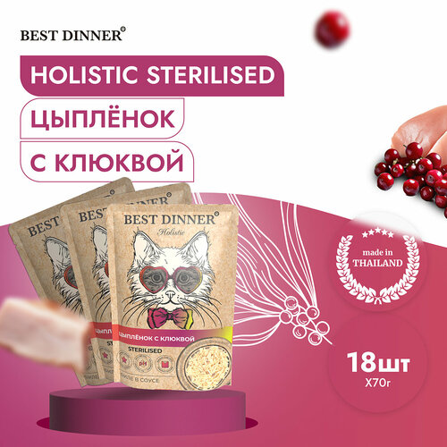 Паучи Best Dinner Holistic Бест Диннер Цыпленок с клюквой для кастрированных и стерилизованных кошек филе в соусе, 18шт по 70г best dinner holistic полнорационный влажный корм для стерилизованных кошек с цыпленком и клюквой волокна в соусе в паучах 70 г