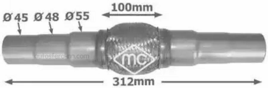 Гофра глушителя универсальная L=312MM(гофра 100MM) / D=45/48/55MM METALCAUCHO 02045