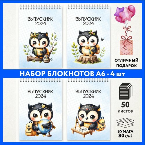 Набор блокнотов А6 - 4 шт подарок выпускнику детского сада на 1 сентября и День Рождения Школьная сова 000 - 4 notepad_school_owls_000_A6_set_4 699₽