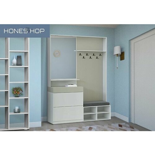 Прихожая Манс ЛДСП/МДФ корпус белый, фасад белый/бежевый матовый, 180х55х190