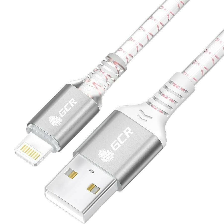 GCR Кабель 1.0m AM/Lightning LED для iPhone, iPad, Air, MFi, бело-розовый, AL case серебро, прозрачный ПВХ Кабель Greenconnect 1.0 м (GCR-54443) - фото №3
