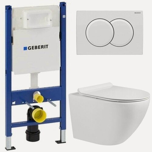 Изображение товара Инсталляция Geberit 111.154.11.1 + кнопка смыва Delta01 115.107.11.1 + унитаз Bloomix Orion MD12177T/UF01 безободковый торнадо с сиденьем
