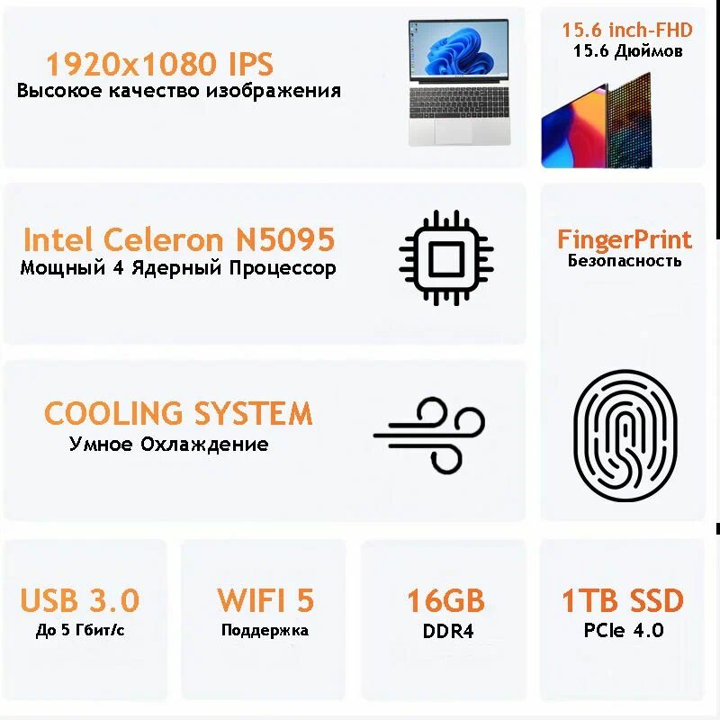 Ноутбук 15.6 для учебы и бизнеса, Intel Celeron N 5095 (2.0 ГГц), RAM 16 ГБ, SSD 1024 ГБ, Intel UHD Graphics, Windows Pro, Серый, Русская раскладка