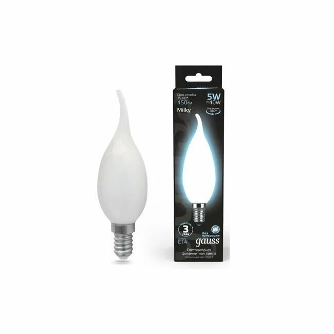 Лампа GAUSS филам. Filament 5Вт цок: E14 свеча 220B 4100K св. свеч. бел. нейт. (упак:1шт) (104201205)