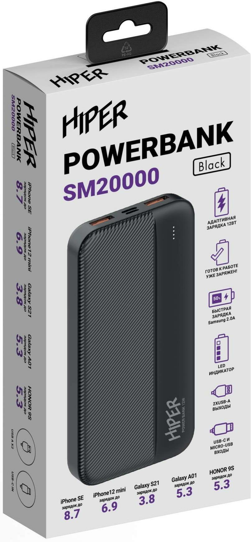 Внешний аккумулятор Hiper SM20000 20000mAh 2.4A 2xUSB белый (SM20000 WHITE) - фото №17