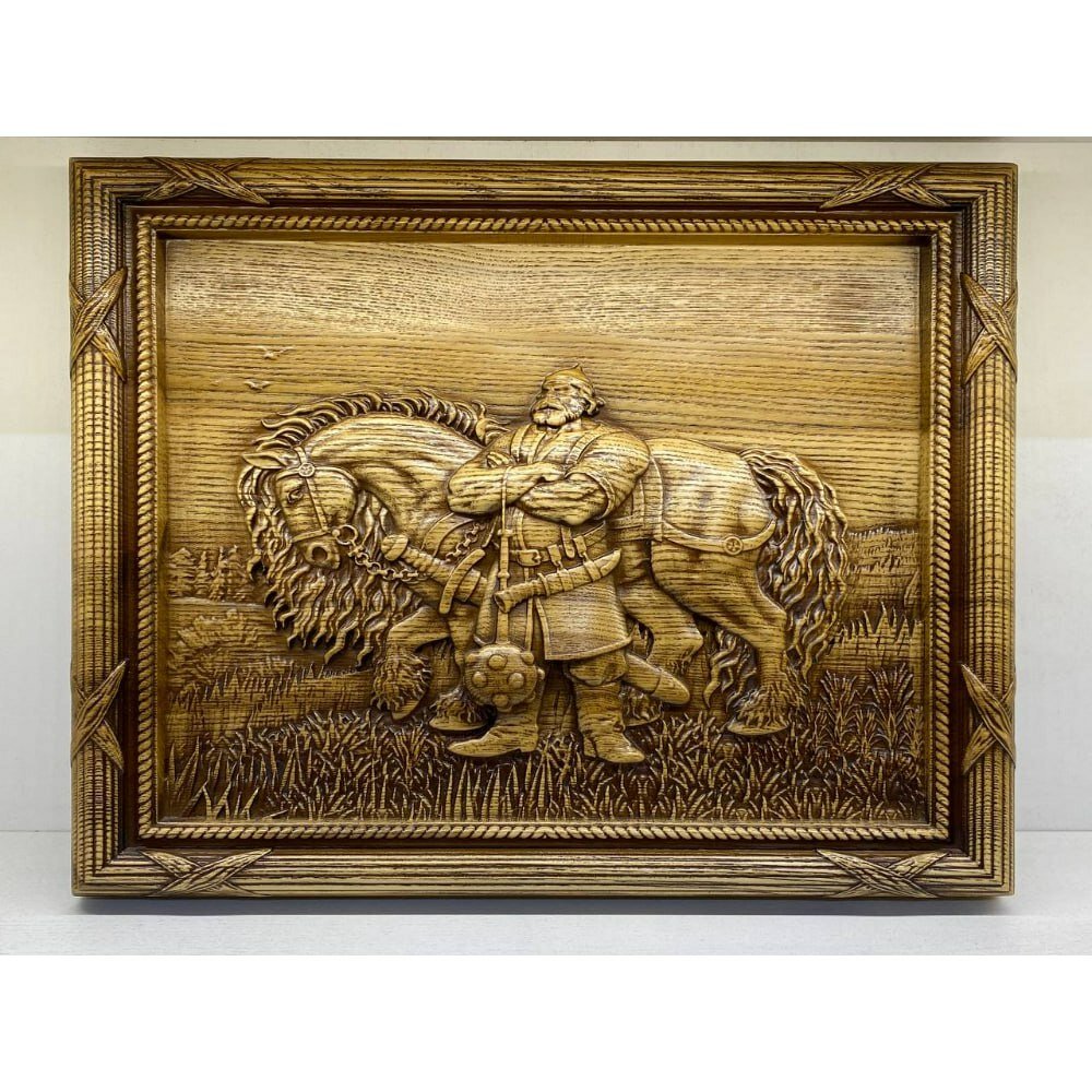 Панно Илья Муромец в лесу из дерева 29х37 см