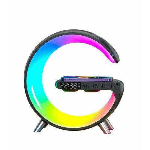 Умный светильник 5в1 , Беспроводное зарядное устройство, Bluetooth-колонка с будильником, светодиодная настольная лампа ночник RGB 15 Вт, Черный