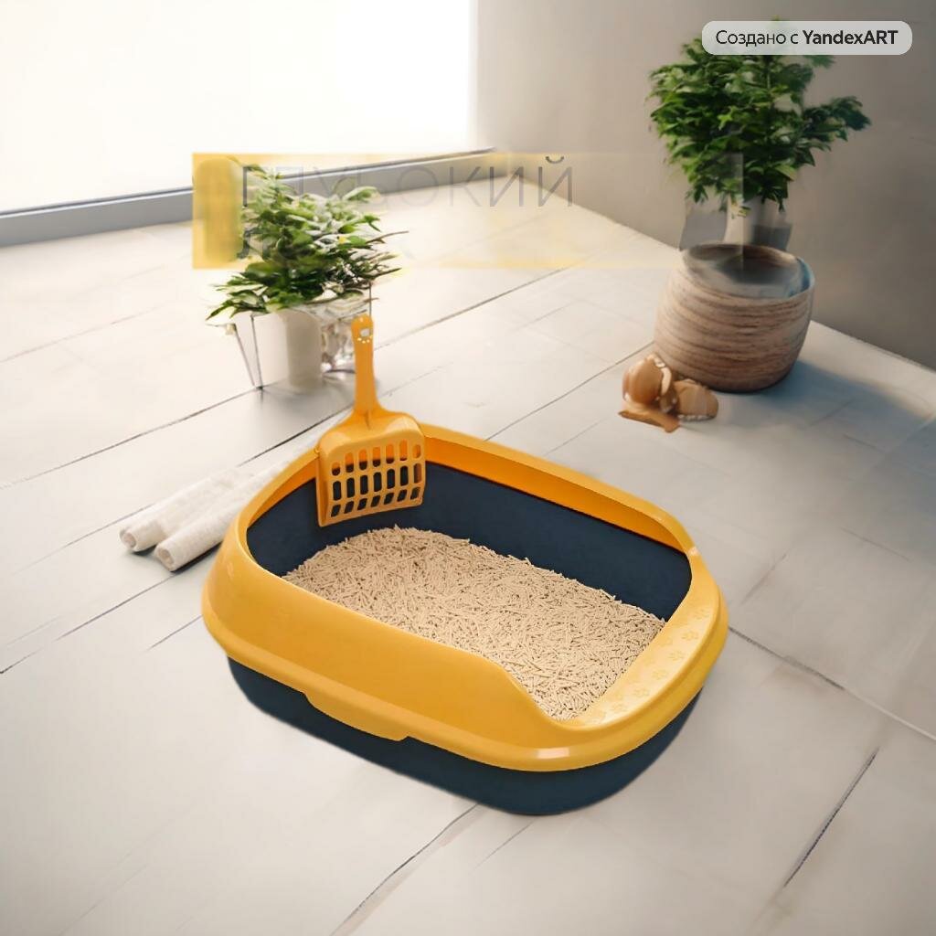 Лоток - туалет для кошек Mr Zoo с высокими бортиками и съемным совочком, желто-синий