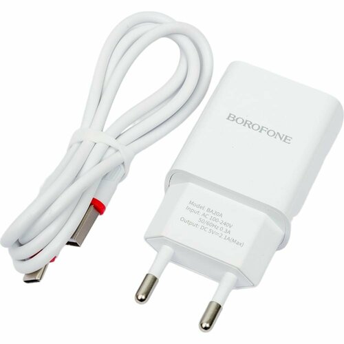 Сетевое ЗУ Borofone BA20A, 1хUSB-А + кабель AM-Type-C, 1 м, белый 23752-BA20AWT сетевое зу borofone ba62a wiseacre 1xtype c 1хusb а 2 4а белый