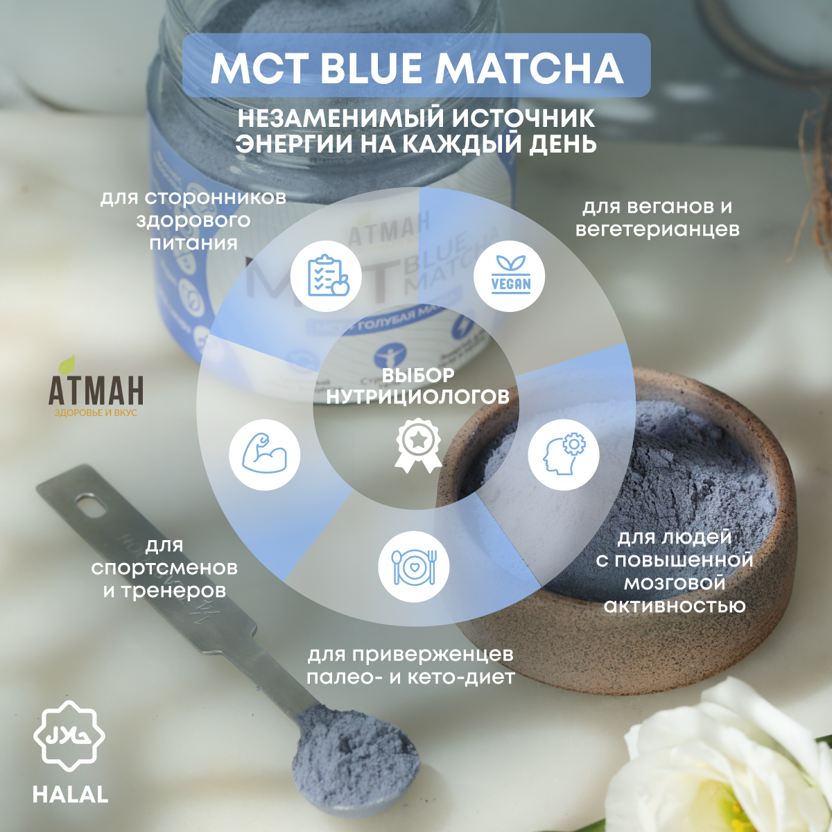 MCT POWDER с голубой матчей, масло кокосовое мст пудра с добавками, мст порошок, 100 гр