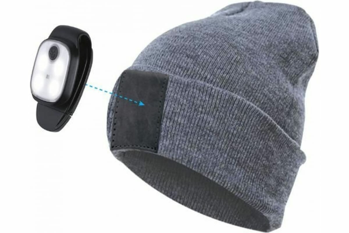 фото Шапка со съемным фонарем-клипсой 3 режима серая 89-0-202