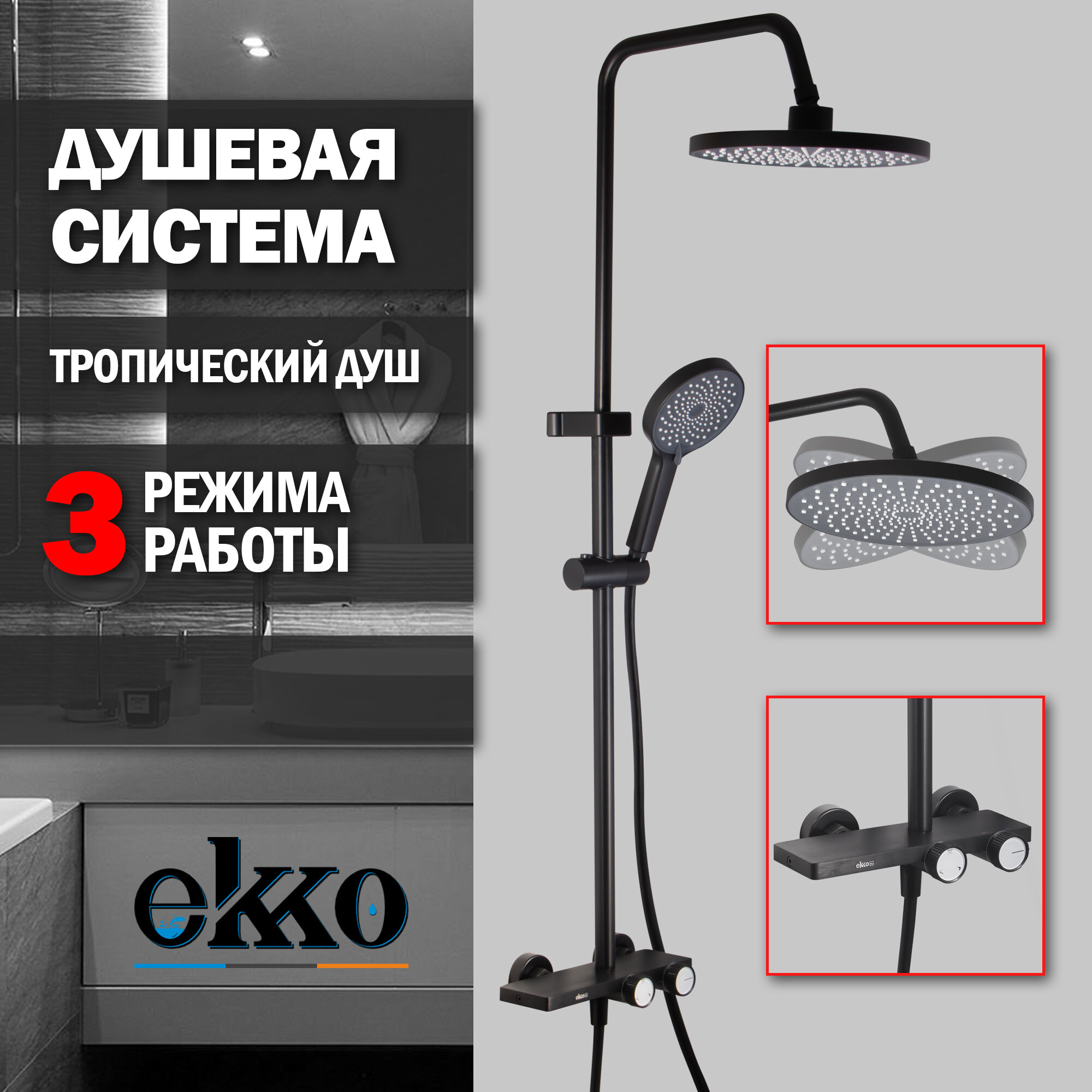фото Душевая система EKKO E2503-21 с тропическим душем, темно-серый