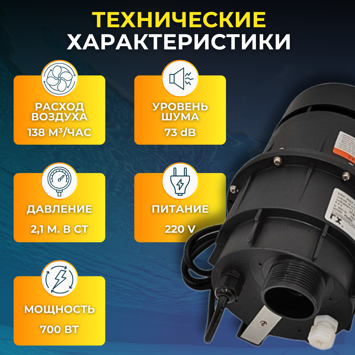 Компрессор AIR BLOWER для джакузи, бассейнов, СПА, термозащита, черный — фото 1