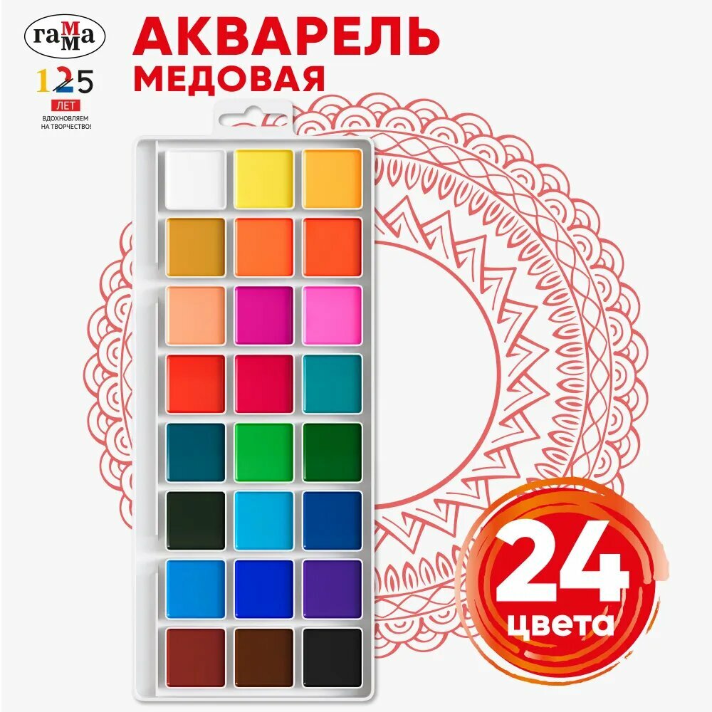 Акварель Гамма, медовая, 24 цветов, без кисти, пластик. упак, европодвес