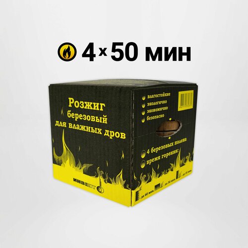 Поленья березовые для розжига влажных дров (4 шт), Инвенто / Дрова для камина, печки, мангала, щепочницы, костра