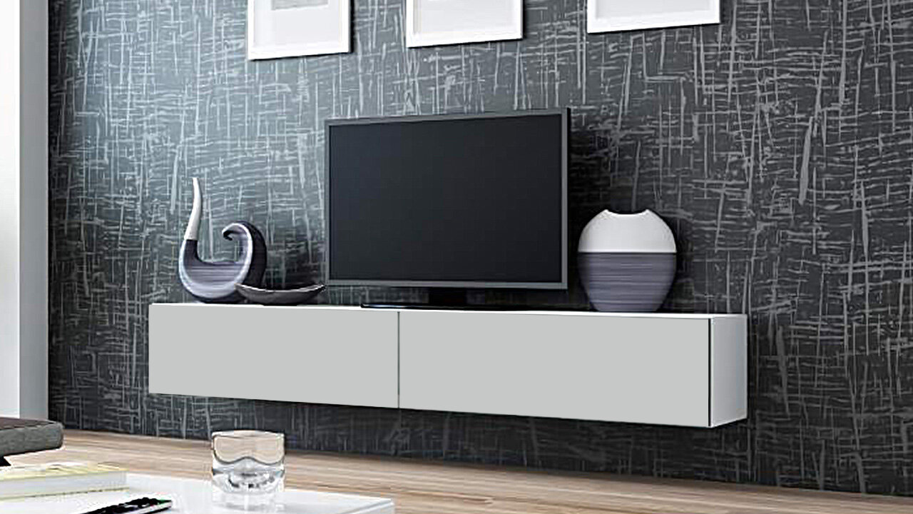 ТВ-тумба Виго большая Серый камень 0112 / Белый Фасадный 0101 NEW 180x42x30 см, серый камень, белый фасадный Дом мебели для вас