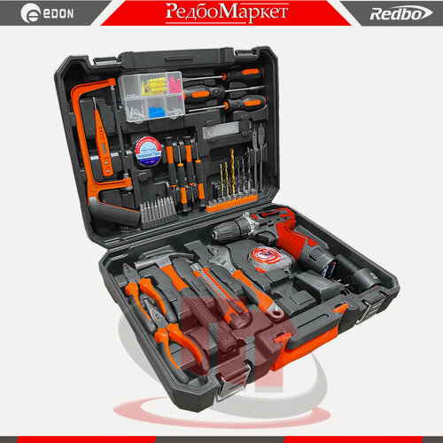 Изображение товара Дрель-шуруповерт аккумуляторная Edon CF-1201N с набором ручного инструмента (50 предметов)