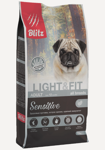 Изображение товара BLITZ Sensitive 15 кг Adult LIGHT & FIT корм для взрослых собак всех пород с лишним весом 1059