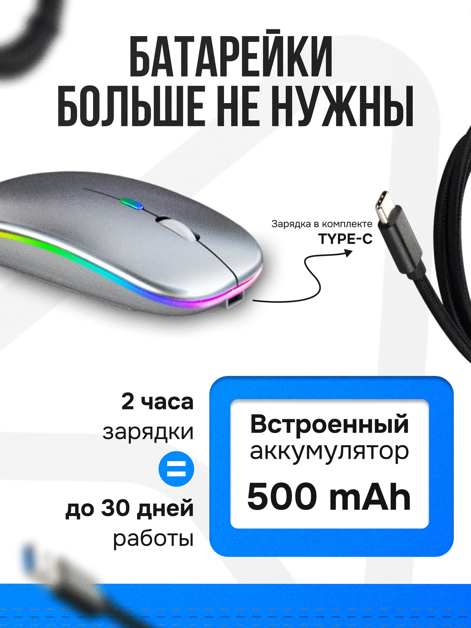 Беспроводная мышка для компьютера со встроенным аккумулятором/ Бесшумная блютуз компьютерная мышь с подсветкой RGB/ Bluetooth/ WiFi 2.4 гц — фото 1