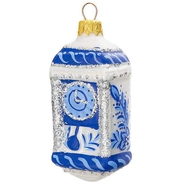 Стеклянная елочная игрушка Часы с маятником - Гжельские Узоры 9 см синие с белым, подвеска, Коломеев, ФУ-102/2/Р-син-бел