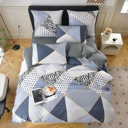 Комплект Постельного Белья Евро Сатин - Голубые Треугольники