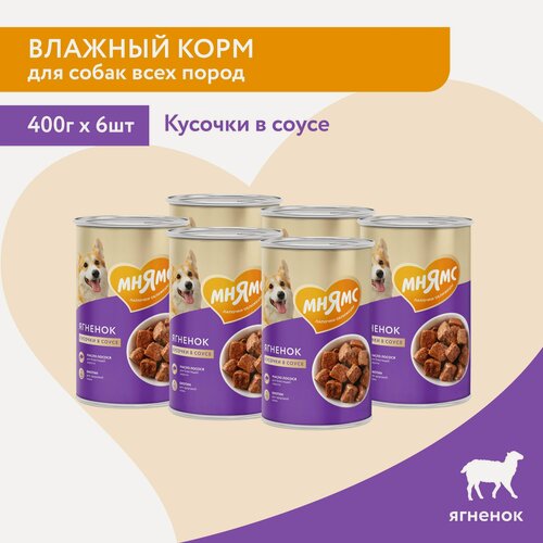 Изображение товара Влажный корм Мнямс Кусочки в соусе с ягненком для собак всех пород «красивая шерсть» 6 шт х 400 г