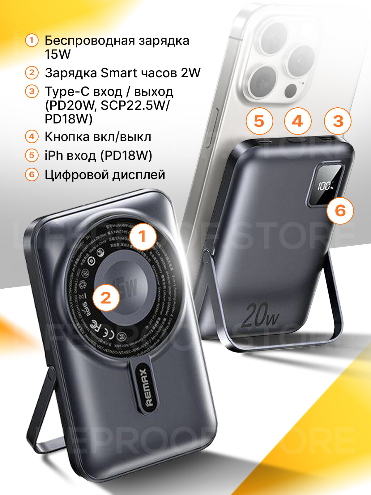 Портативный аккумулятор Remax RPP-695 10000mAh с магнитной беспроводной зарядкой 15W, Type-C 20W, цвет Серый — фото 1
