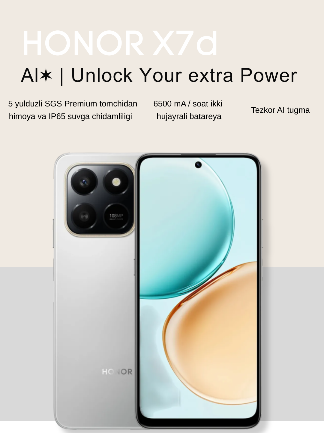 Смартфон, мобильный телефон Honor x7d (новый) TFT LCD, 120 Гц, Li-Po 6500 мАч 6/128 ГБ, Серебристый цвет