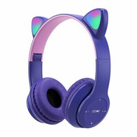 Детские беспроводные наушники MZ-P47 Bluetooth 5.0 с микрофоном, FM-радио, поддержкой SD-карты памяти, светящиеся ушки кошки, складные, фиолетовые