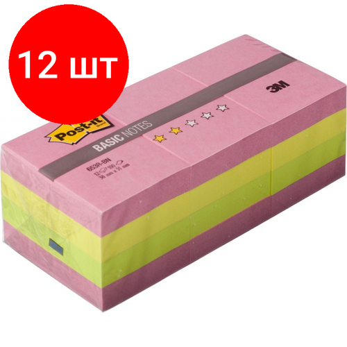 Комплект 12 штук, Стикеры Post-it Basic 653R-BN,38х51, неон. радуга, набор 12 бл. по 10