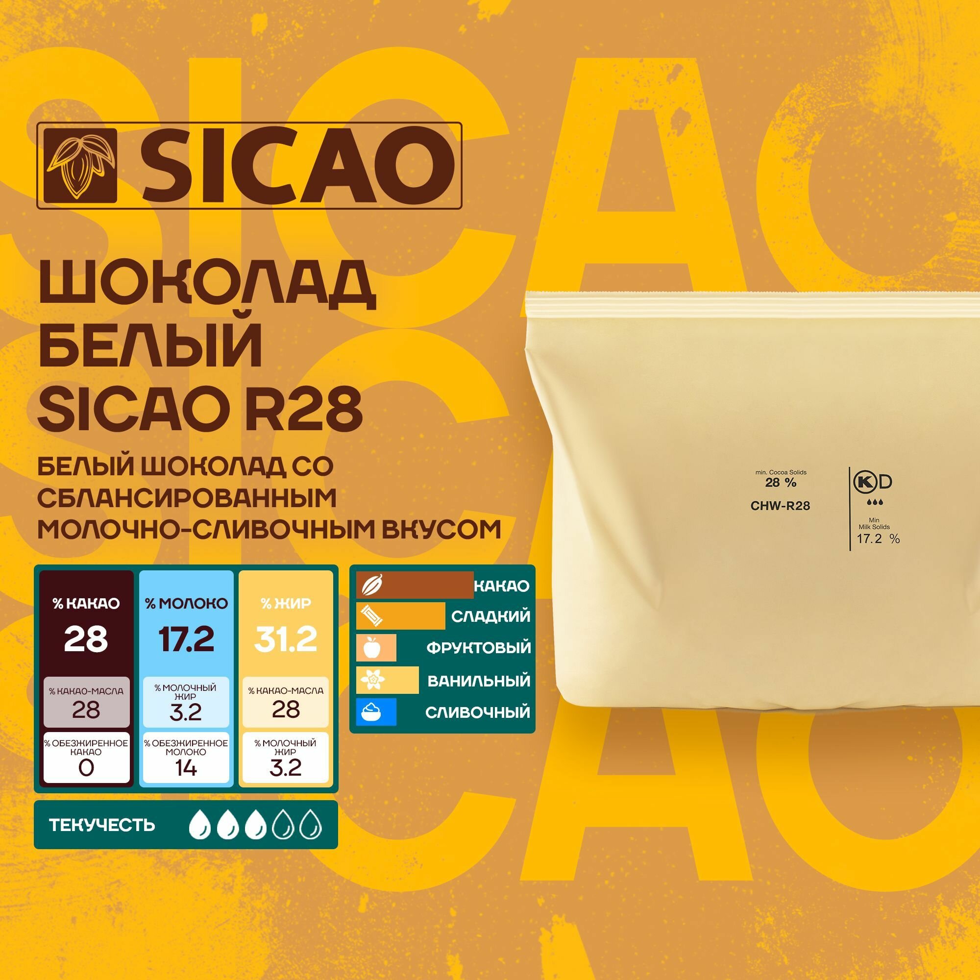 Шоколад кондитерский белый R28 Sicao (Сикао) (8*2,5 кг)